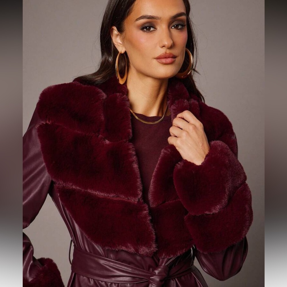 BELT ONLY 🔥 Faux fur collar cuffs vegan leather trench coat burgundy maroon - Picture 8 of 9
